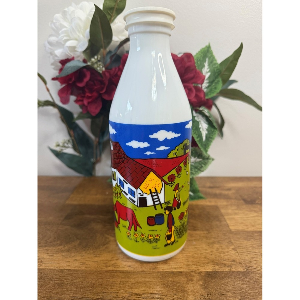 Vintage Egizia Italian Milk Glass Bottle‎ Folk Art Farmer Scene Farm Kitchen